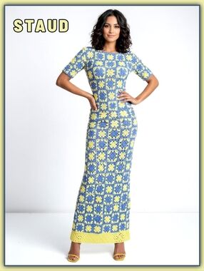 STAUD Turbo Dress In Daffodil and Coastal Blue size S